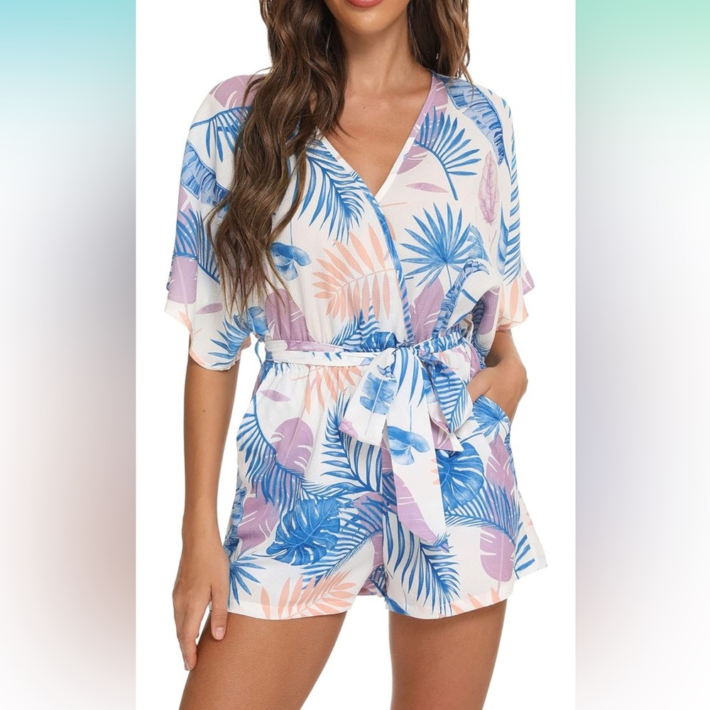 AIMCOO Women's Tropical Print Wrap V Neck Romper with Pockets
